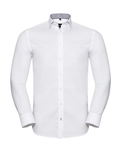 Tailored Contrast Herringbone Shirt LS White/Silver/Convoy Grey